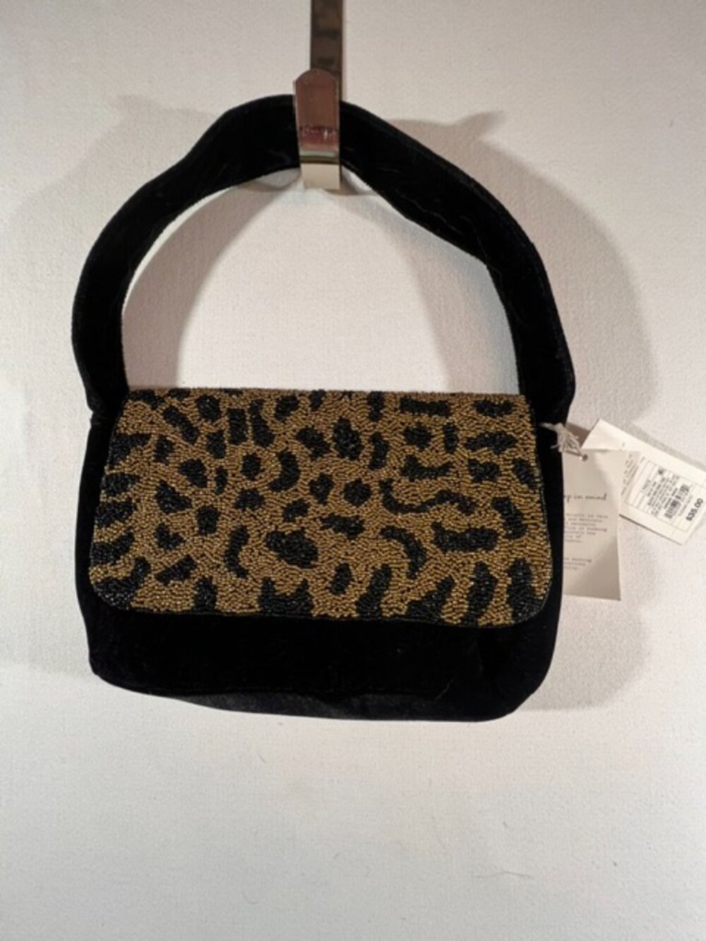 NWT A New Day Black Velvet Beaded Leopard Print Flap Shoulder Bag Purse Mini